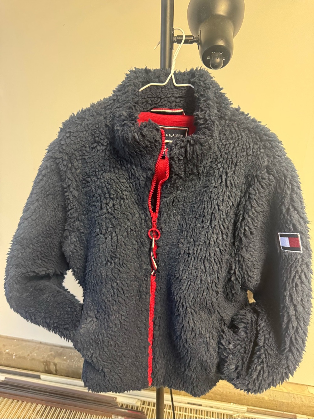 Tommy Hilfiger Navy Sherpa Zip-Up Jacket with Red Trim Sz.L